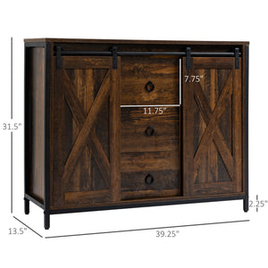 Buffet industriel avec portes coulissantes de style grange, trois tiroirs et étagères réglables, marron rustique