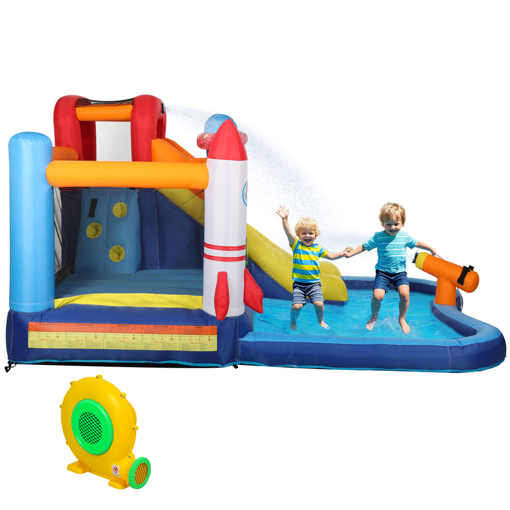 Château gonflable 5 en 1 pour enfants avec souffleur 550 W, pataugeoire, zone de saut, mur d'escalade et canon