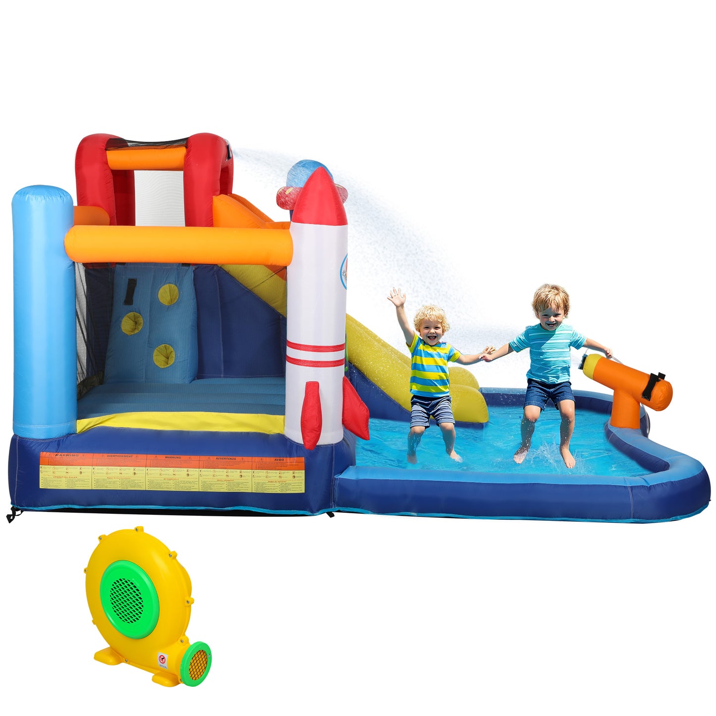 5-in-1 inflatable castle for children with 550W blower, paddling pool, jumping area, climbing wall and cannon