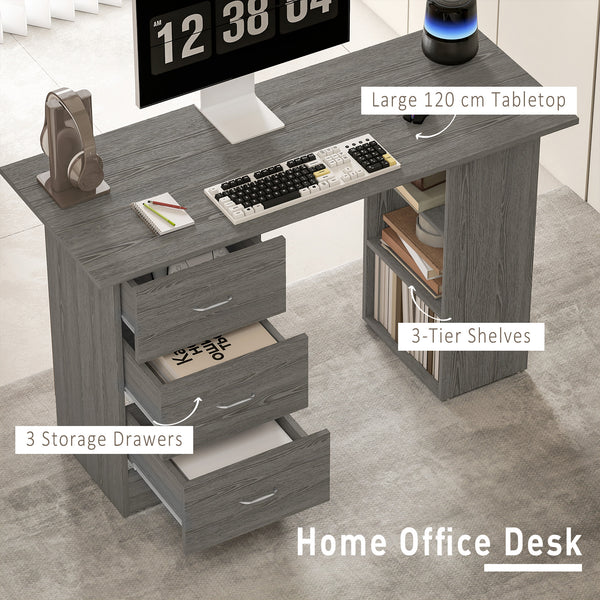 Bureau 47 pouces, étagères de rangement à 3 niveaux avec tiroirs, table d'écriture, gris