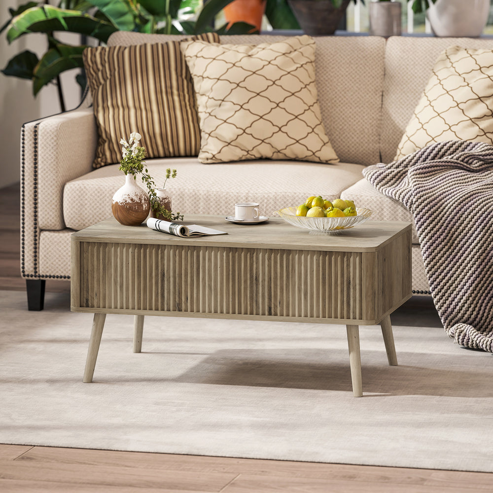 Table basse relevable avec rangement, chêne