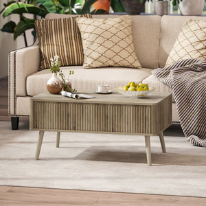 Table basse relevable avec rangement, chêne