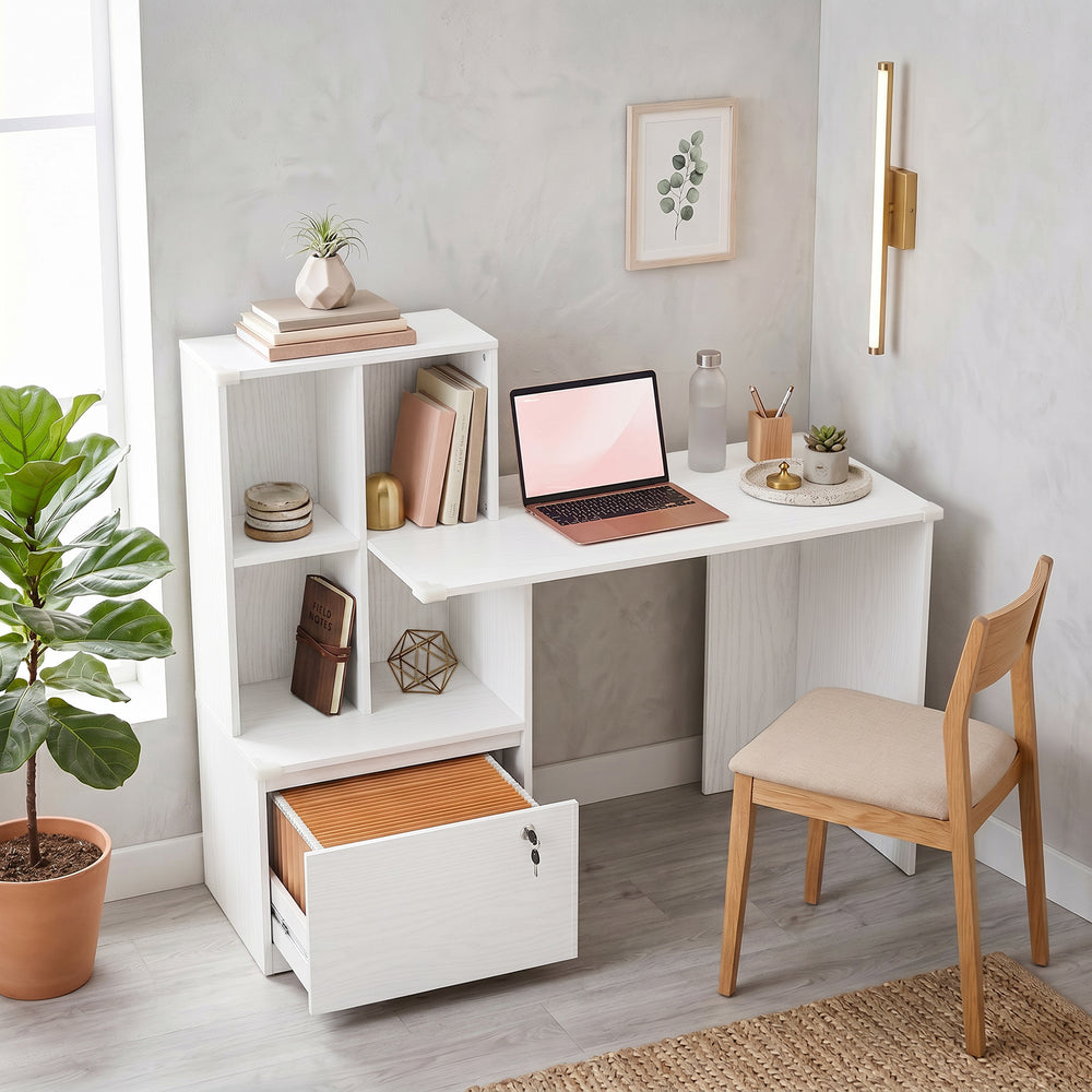 Bureau d’ordinateur avec bibliothèque, tiroir verrouillable et rangement pour dossiers