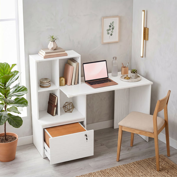 Bureau d’ordinateur avec bibliothèque, tiroir verrouillable et rangement pour dossiers