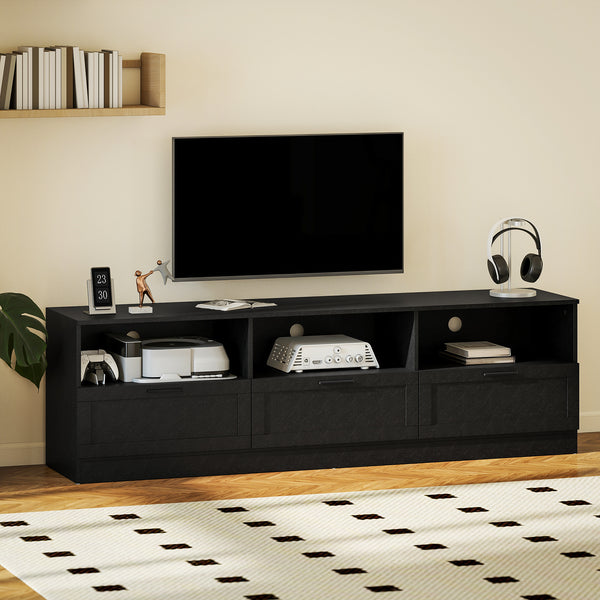 Meuble TV avec 3 armoires et 3 étagères ouvertes, pour téléviseurs jusqu'à 85 pouces, noir