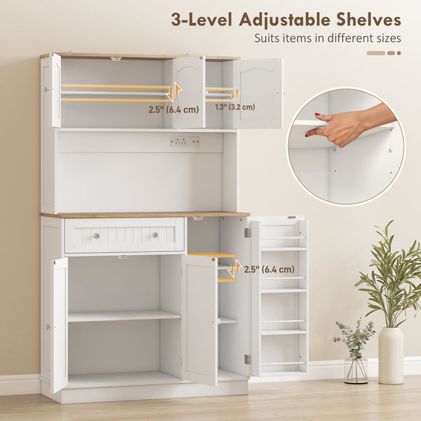 68" Storage Cabinet with Charging Station, Microwave Mount, 4 Door Shelves, White