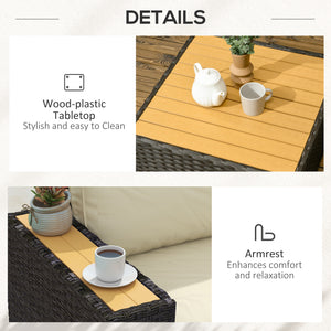 Ensemble de meubles de jardin en rotin 6 pièces avec canapé d'angle, table basse en bois et plastique, kaki clair