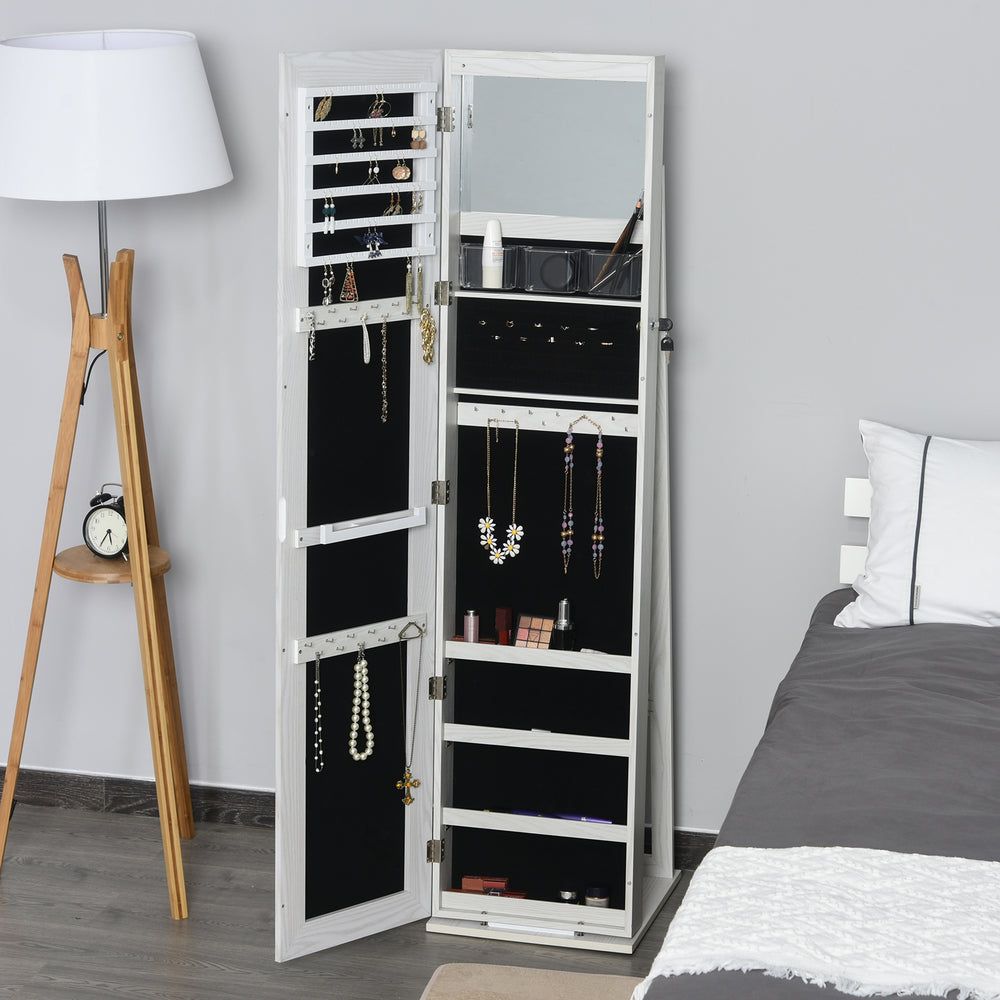 Armoire à bijoux avec miroir verrouillable avec éclairage LED, bois blanc