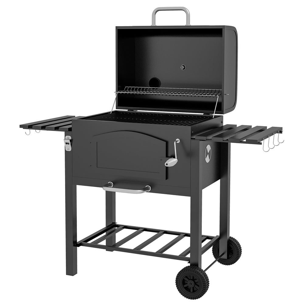 Charcoal Smoker Adjustable Height, Folding Shelves, Thermometer, and Wheels, Black