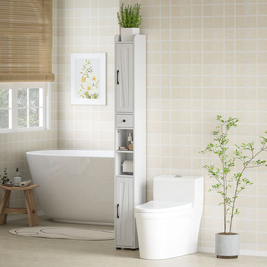 Meuble de salle de bain étroit  avec portes de grange, tiroir et étagères réglables, aspect bois blanc