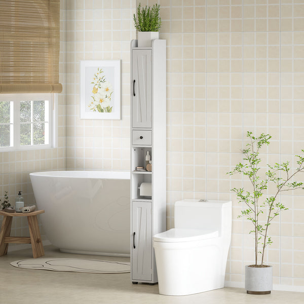 Meuble de salle de bain étroit  avec portes de grange, tiroir et étagères réglables, aspect bois blanc