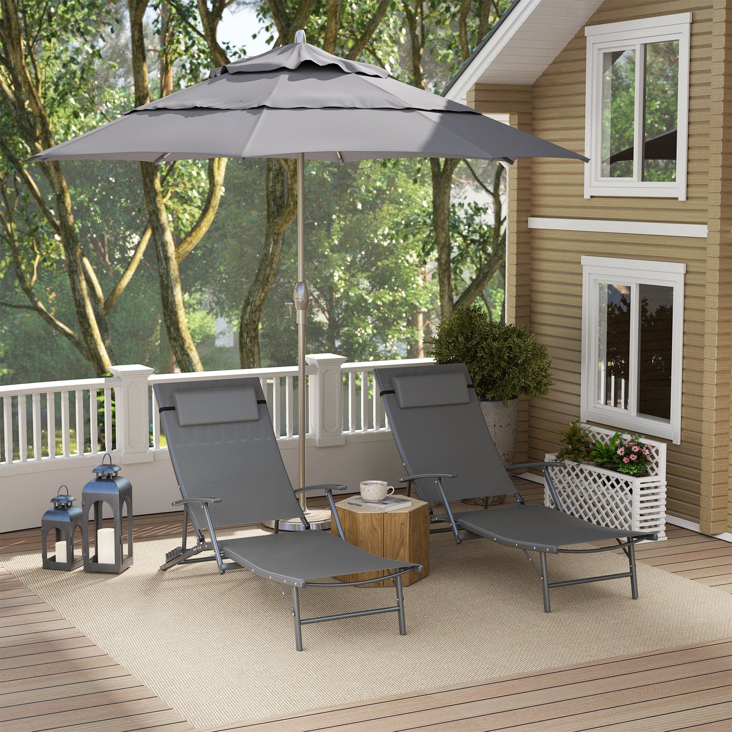 Outsunny Set of 2 Folding Sun Loungers with Cushion for Patio, Garden, Beach, Grey