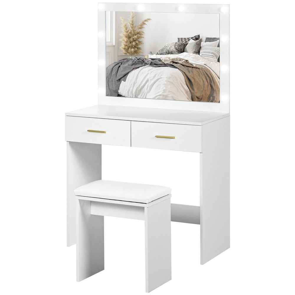 Coiffeuse avec tabouret, miroir à éclairage LED et tiroirs, blanc