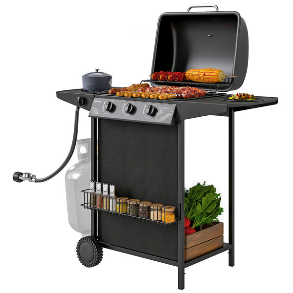 3-burner propane gas barbecue with side burner, thermometer, black