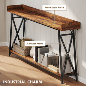 Extra-long console table with storage shelf and railing, industrial style, rustic brown