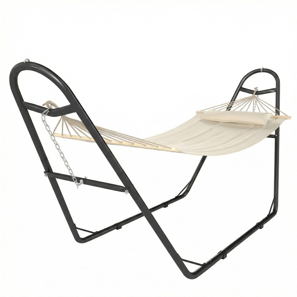 Hammock with Stand, Heavy Duty Camping Hammock with Detachable Pillow and Spreader Bar, 264 lbs Capacity, Cream White