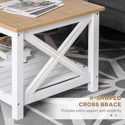 Table basse de style campagnard avec étagère inférieure à lattes, blanc, naturel