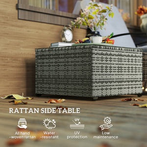 24.4" Patio Wicker Coffee Table, PE Rattan Outdoor Side Table with Tempered Glass Top, Light Grey