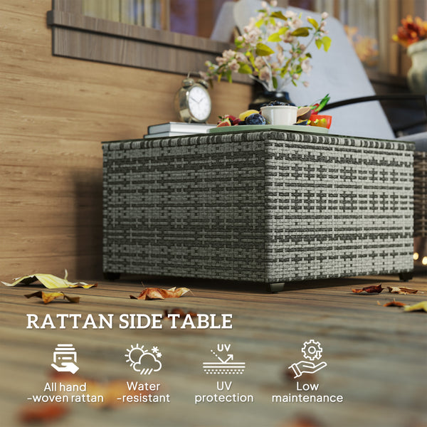 24.4" Patio Wicker Coffee Table, PE Rattan Outdoor Side Table with Tempered Glass Top, Light Grey