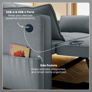 3‑in‑1 Convertible Sofa Bed, Pull Out Sleeper Sofa with USB Charging, Adjustable Backrest, Side Pockets, Dark Gray