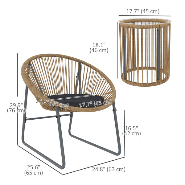 Outdoor Bistro Set, 3 Piece Wicker Patio Furniture Set with 2 Chairs and Glass-Top Table, Natural Wood
