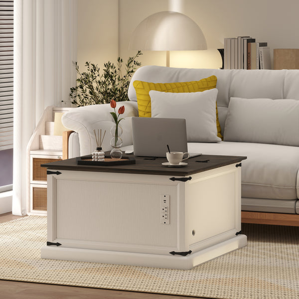 Table basse relevable avec station de recharge, style campagnard avec rangement dissimulé, aspect bois blanc.