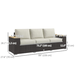 Canapé d'extérieur 3 places avec coussins, canapé de patio en rotin synthétique avec accoudoirs en similibois, blanc crème