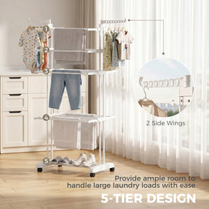 Séchoir à linge pliable à 5 niveaux sur roulettes, blanc
