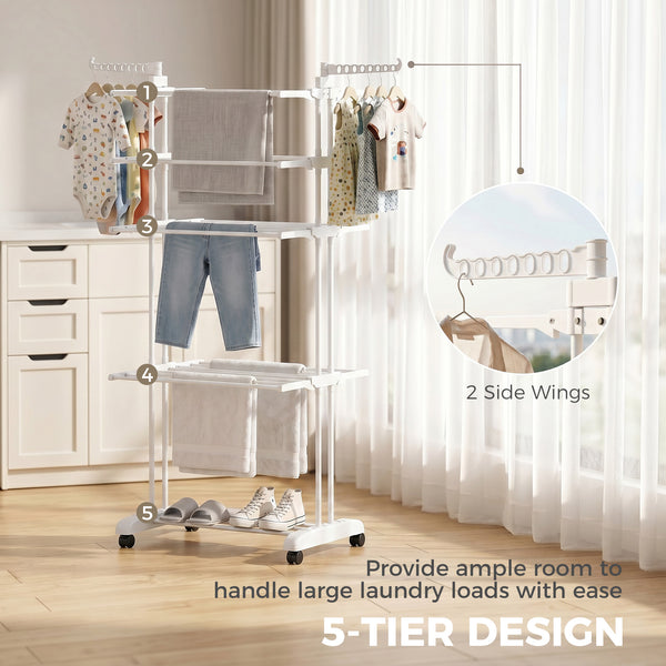 Séchoir à linge pliable à 5 niveaux sur roulettes, blanc
