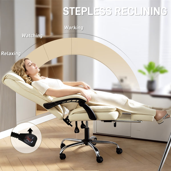 Ergonomic leather office chair with footrest, swivel and tilt, beige