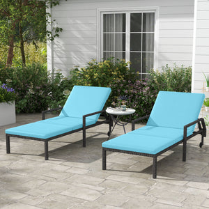 2 PE rattan outdoor lounge chairs with adjustable backrest and 2 wheels, sky blue