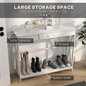2-tier narrow console table, X design, with drawer and storage shelf, white
