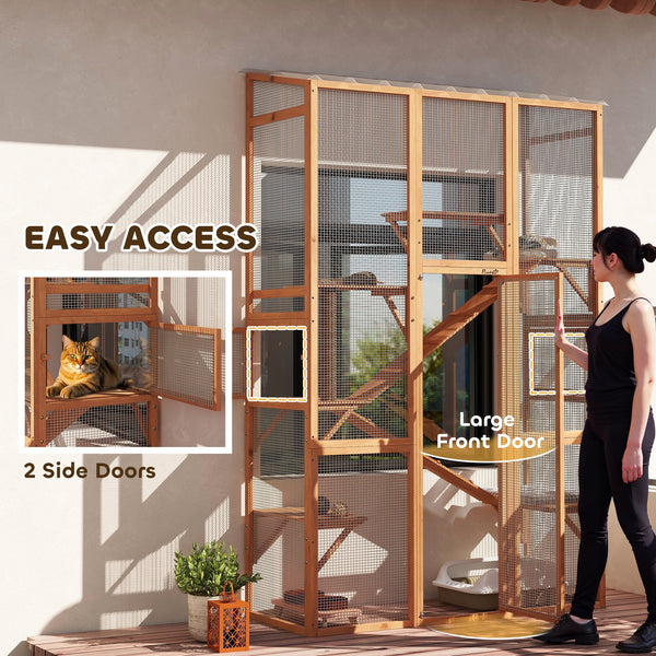 Enclos en bois pour chats avec 6 plateformes de saut, un griffoir, 2 rampes et un toit étanche