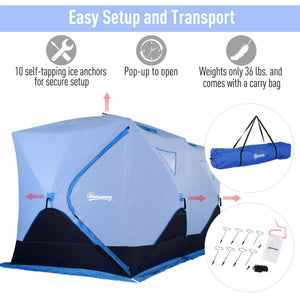 Insulated ice fishing shelter for 8 people with ventilation windows and carry bag, for temperatures down to -30°C, blue
