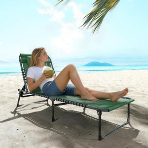 Folding Lounge Chair, Adjustable Chaise Lounge with Headrest, Reclining Lounger Cot for Camping, Hiking, Green