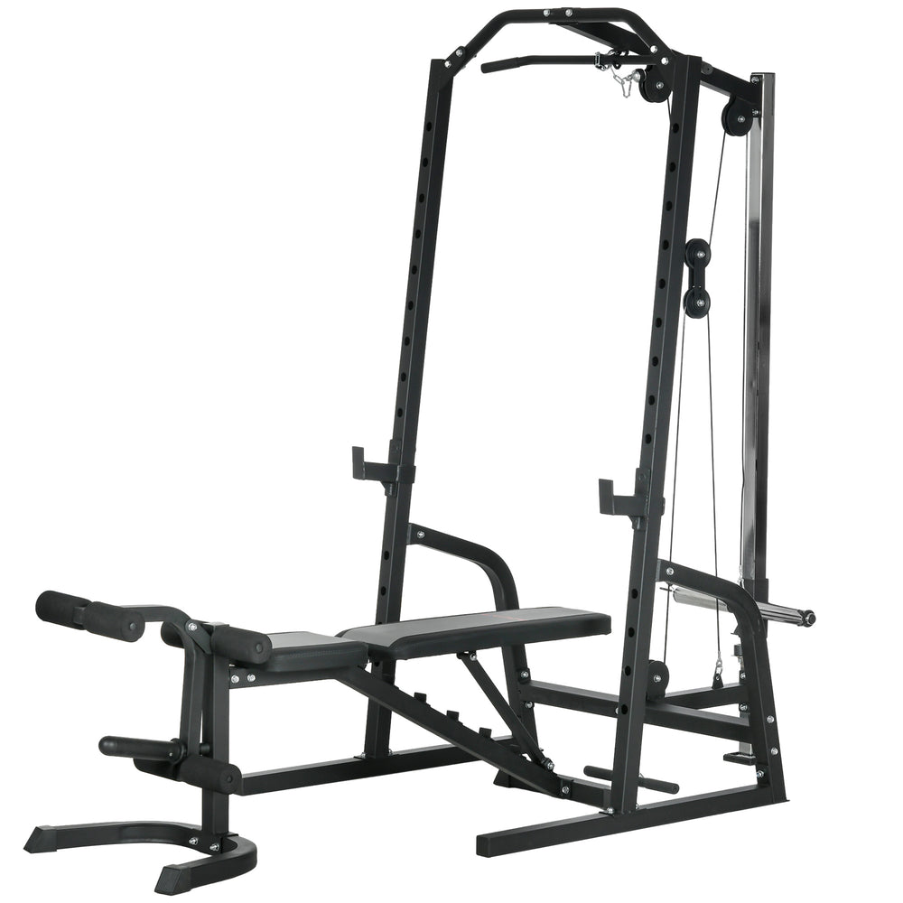 Cage de musculation multifonctionnelle avec banc réglable, barre d'haltères et rack à squats à 15 niveaux