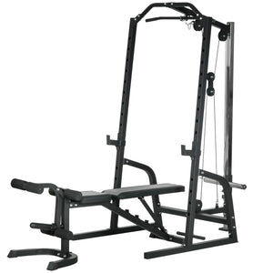 Cage de musculation multifonctionnelle avec banc réglable, barre d'haltères et rack à squats à 15 niveaux