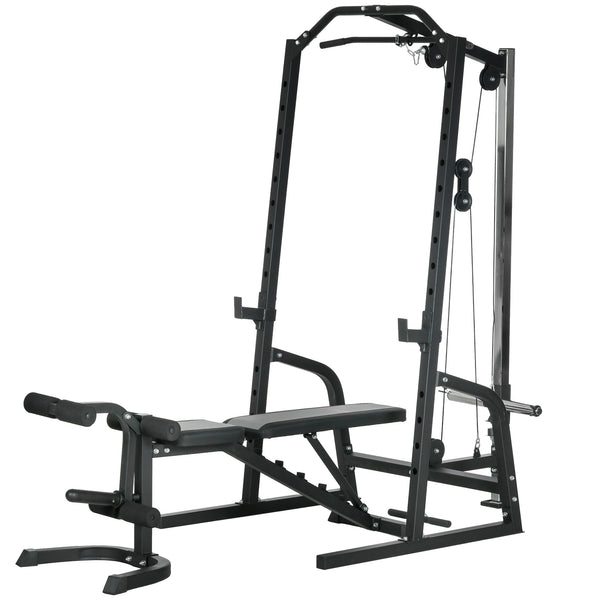Cage de musculation multifonctionnelle avec banc réglable, barre d'haltères et rack à squats à 15 niveaux