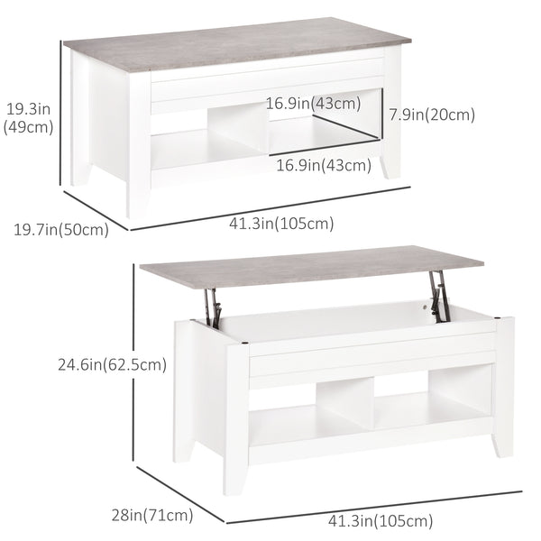 Table basse relevable avec compartiment de rangement dissimulé et étagères ouvertes, blanche