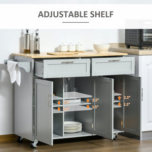 Rolling kitchen island with 2 storage drawers, 3 cupboards with doors and towel rail - Grey