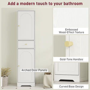 Meuble de rangement fin avec 2 portes, tiroir et étagère réglable, aspect bois blanc