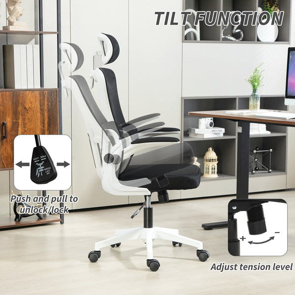 High-back mesh office chair with swivel headrest, black