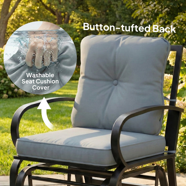 Rocking chair with cushions, steel frame, curved armrests, light gray