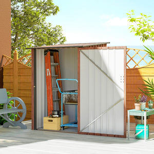 Lean-to garden shed in galvanized steel with lockable door, teak color