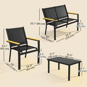 Ensemble de mobilier de jardin 4 pièces avec canapé et table basse en verre trempé, noir.