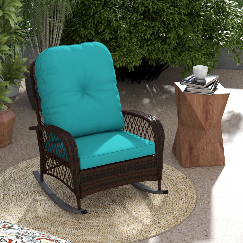Outdoor Wicker Rattan Rocking Chair Patio Rocker with Thick Cushions for Garden Backyard Porch, Turquoise