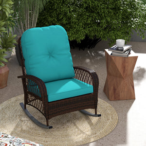 Outdoor Wicker Rattan Rocking Chair Patio Rocker with Thick Cushions for Garden Backyard Porch, Turquoise
