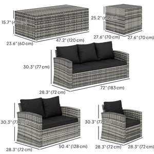Ensemble de meubles de jardin 6 pièces en osier avec coussins, table basse et table d'appoint, noir