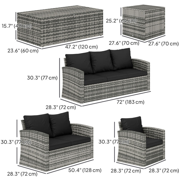 Ensemble de meubles de jardin 6 pièces en osier avec coussins, table basse et table d'appoint, noir