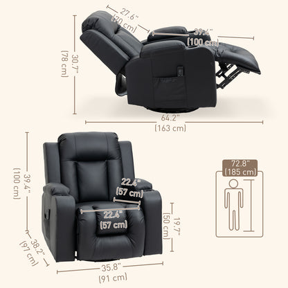 Fauteuil inclinable massant, pivotant à 360°, rembourré en cuir synthétique, noir